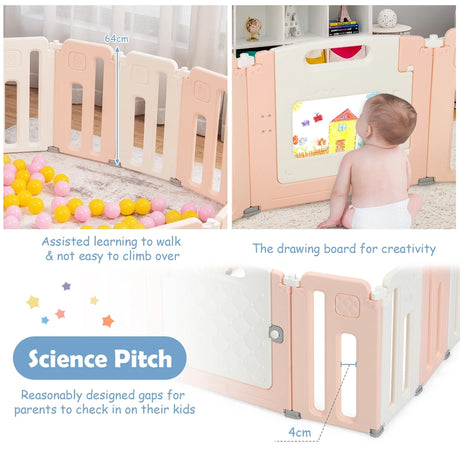 16-Panel Foldable Baby Playpen with Safety Lock for Toddlers-Pink