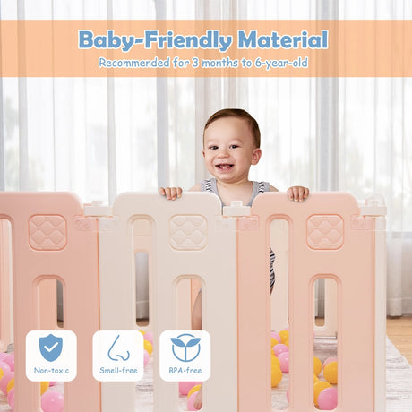 16-Panel Foldable Baby Playpen with Safety Lock for Toddlers-Pink