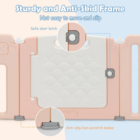 16-Panel Foldable Baby Playpen with Safety Lock for Toddlers-Pink