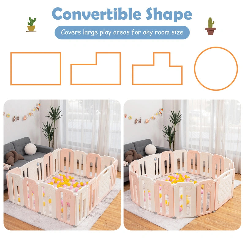 16-Panel Foldable Baby Playpen with Safety Lock for Toddlers-Pink