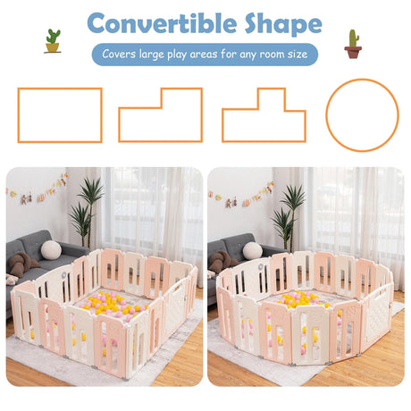 16-Panel Foldable Baby Playpen with Safety Lock for Toddlers-Pink