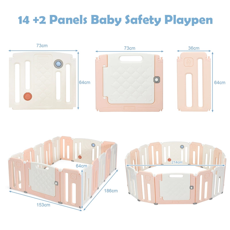 16-Panel Foldable Baby Playpen with Safety Lock for Toddlers-Pink
