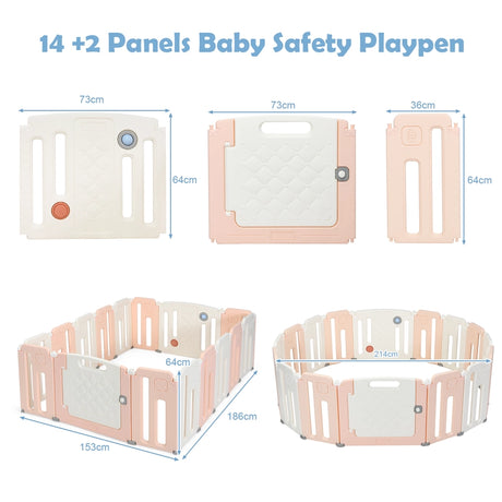 16-Panel Foldable Baby Playpen with Safety Lock for Toddlers-Pink