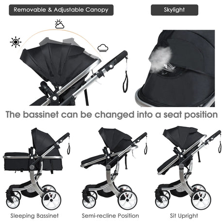 2 in 1 Foldable Baby Stroller with Rain Cover and Mosquito Net-Black