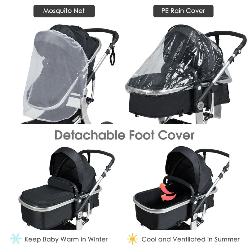 2 in 1 Foldable Baby Stroller with Rain Cover and Mosquito Net-Black