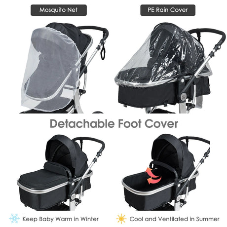 2 in 1 Foldable Baby Stroller with Rain Cover and Mosquito Net-Black