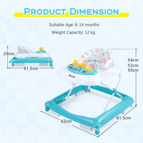 Foldable Baby Walker with 3 Adjustable Heights and Padded Seat-Green