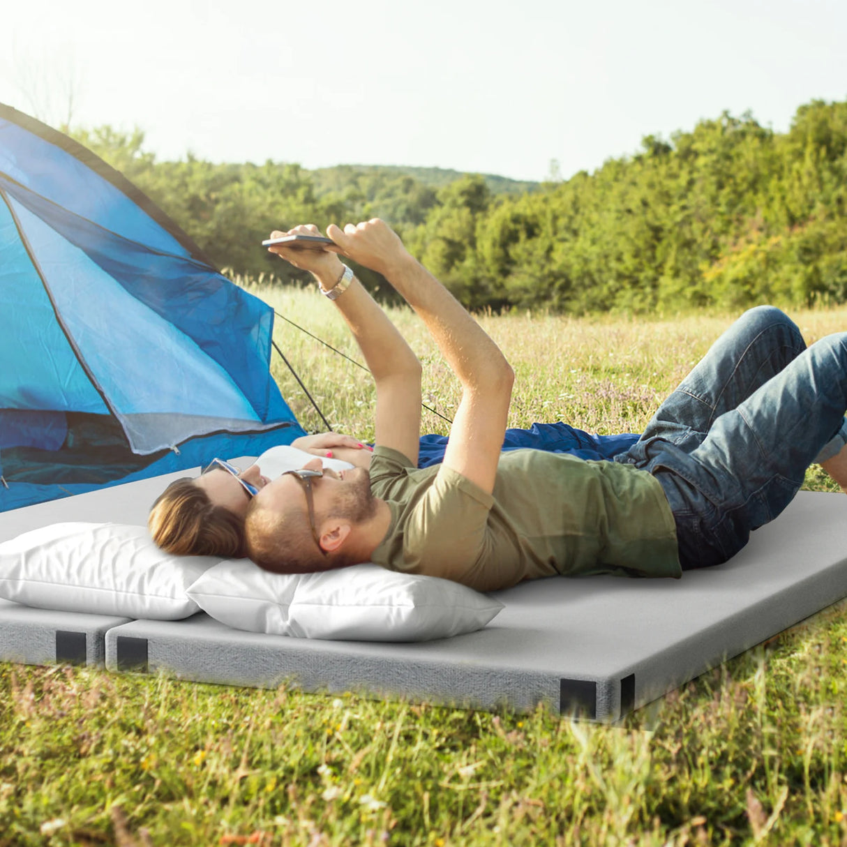 Foldable Camping Mattress with Foam Cushion and Carrying Bag for Living Room-Grey