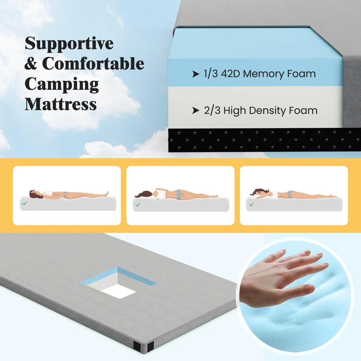 Foldable Camping Mattress with Foam Cushion and Carrying Bag for Living Room-Grey