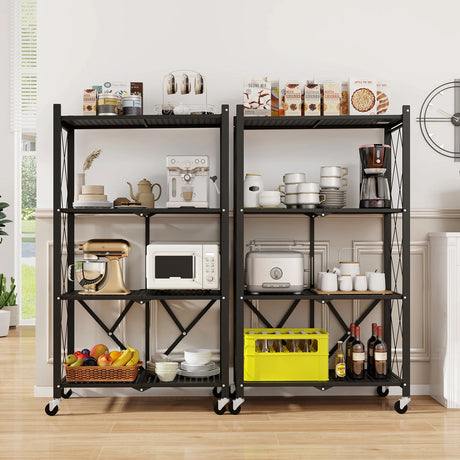 4-Tier Metal Foldable Collapsible Storage Rack with Lockable Wheels-Black