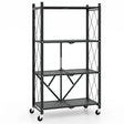 4-Tier Metal Foldable Collapsible Storage Rack with Lockable Wheels-Black