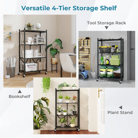 4-Tier Metal Foldable Collapsible Storage Rack with Lockable Wheels-Black