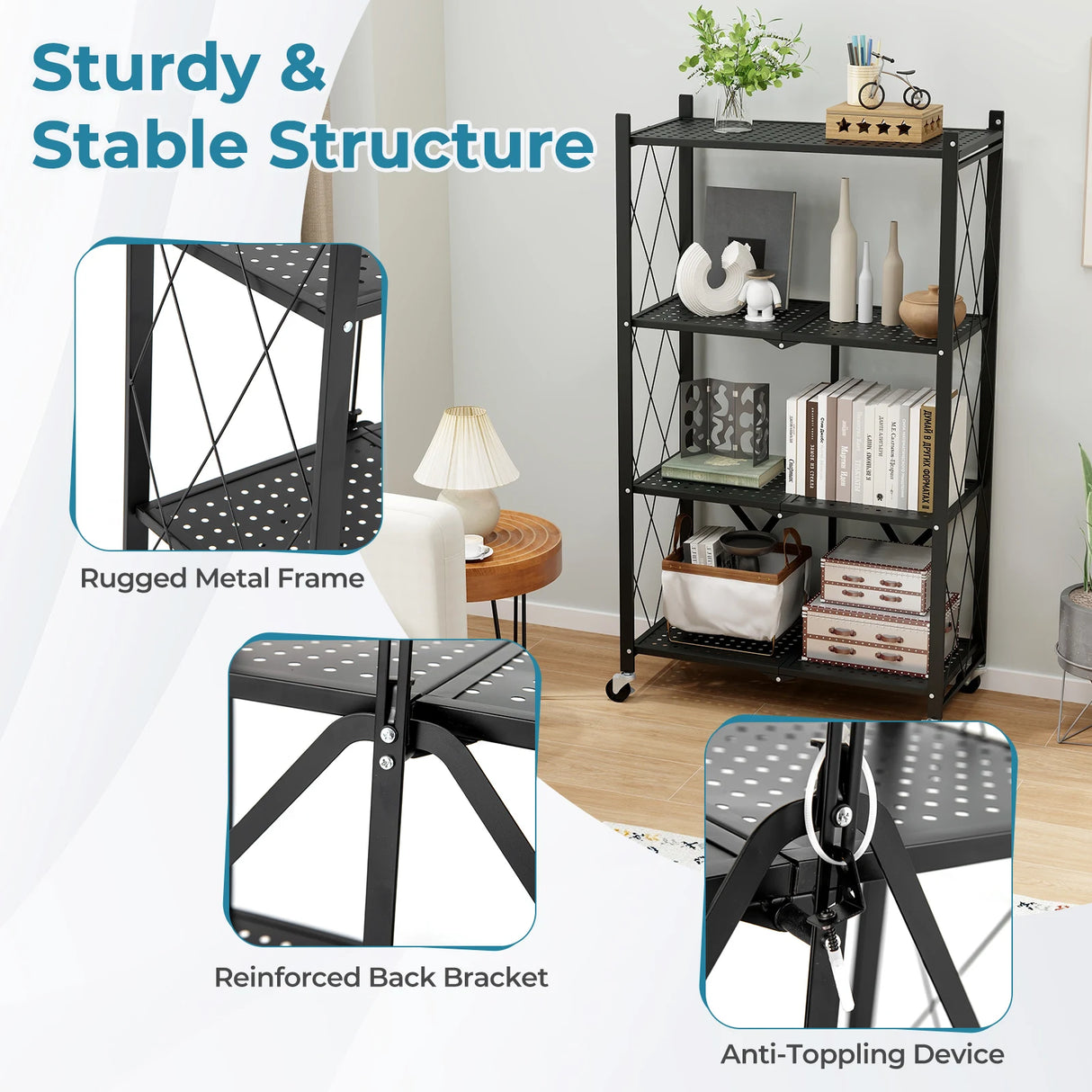 4-Tier Metal Foldable Collapsible Storage Rack with Lockable Wheels-Black