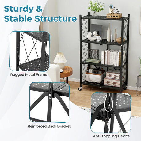 4-Tier Metal Foldable Collapsible Storage Rack with Lockable Wheels-Black