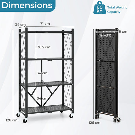 4-Tier Metal Foldable Collapsible Storage Rack with Lockable Wheels-Black