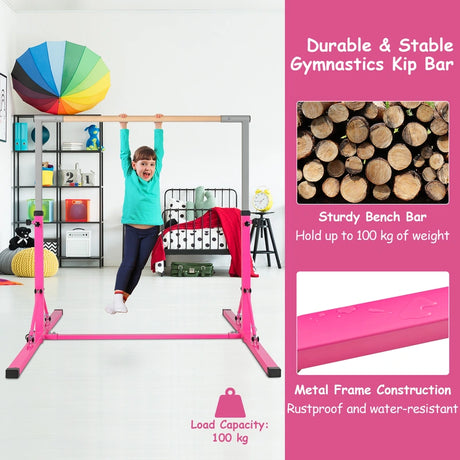 Foldable Gymnastics Bar for Kids Wobble Free Home Gym Equipment 136 x 172 x (90-150) cm Pink