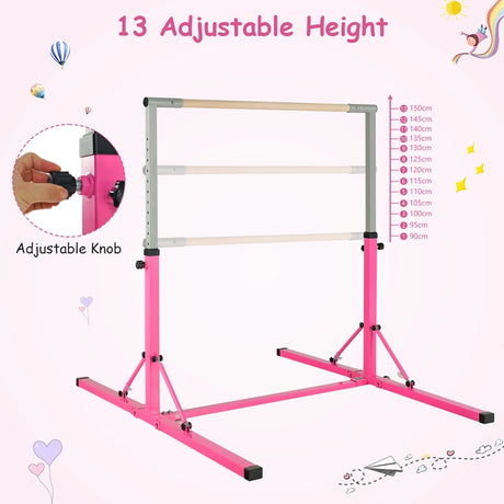 Foldable Gymnastics Bar for Kids Wobble Free Home Gym Equipment 136 x 172 x (90-150) cm Pink