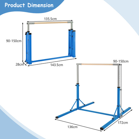 Foldable Gymnastics Bar for Kids Wobble Free Home Gym Equipment 136 x 172 x (90-150) cm Blue