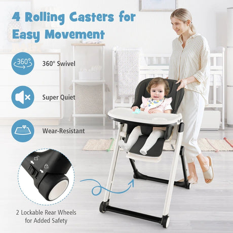 Foldable High Chair with Recline Backrest and Adjustable Height-Dark Grey