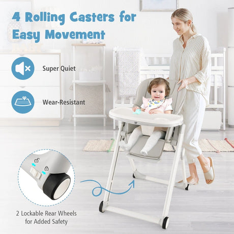 Foldable High Chair with Recline Backrest and Adjustable Height-Light Grey