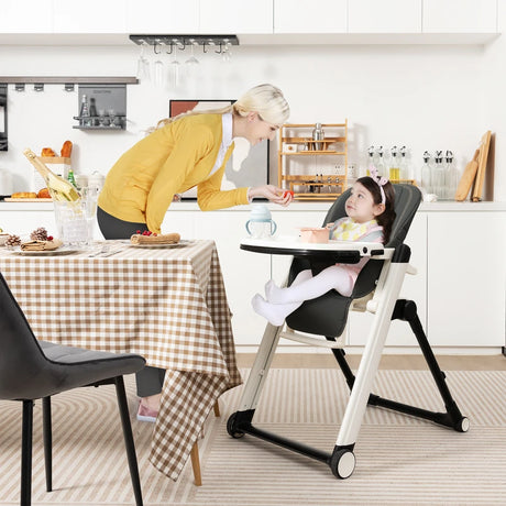 Foldable High Chair with Recline Backrest and Adjustable Height-Dark Grey