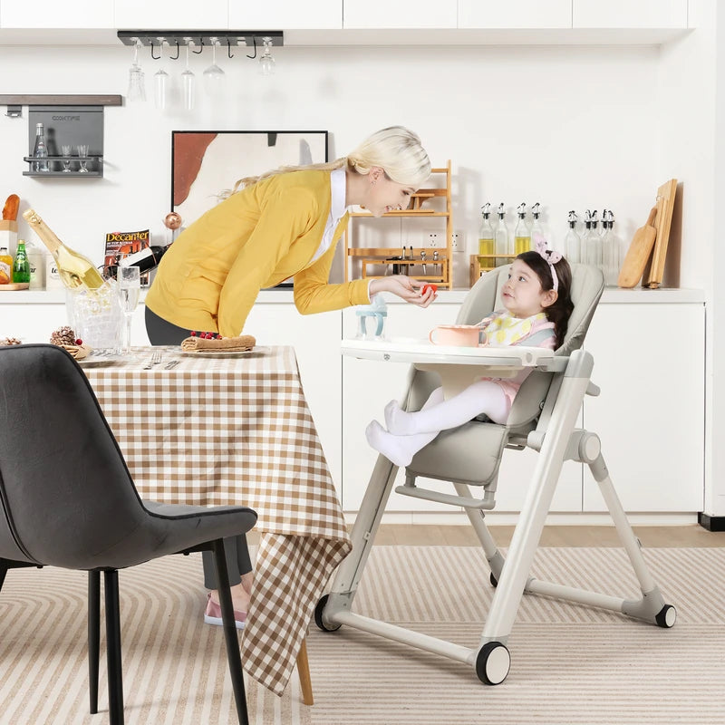 Foldable High Chair with Recline Backrest and Adjustable Height-Light Grey