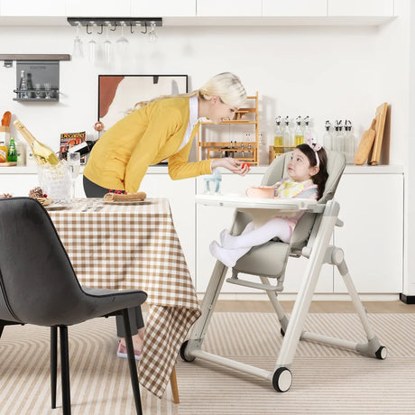 Foldable High Chair with Recline Backrest and Adjustable Height-Light Grey