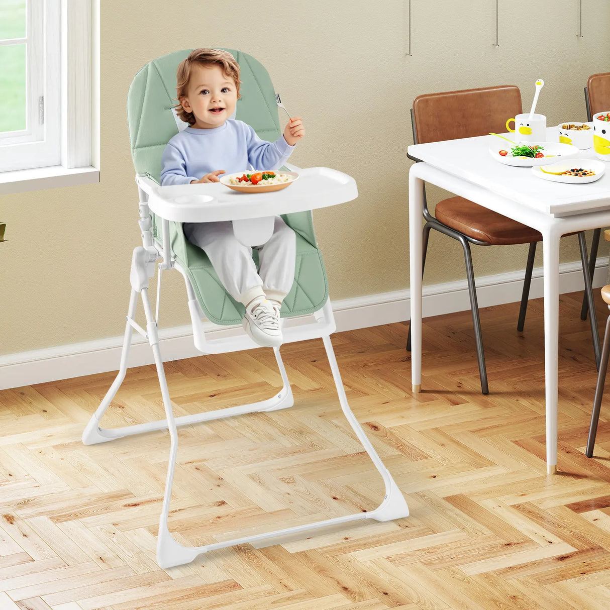 Foldable Baby High Chair with Removable Adjustable Tray-Green