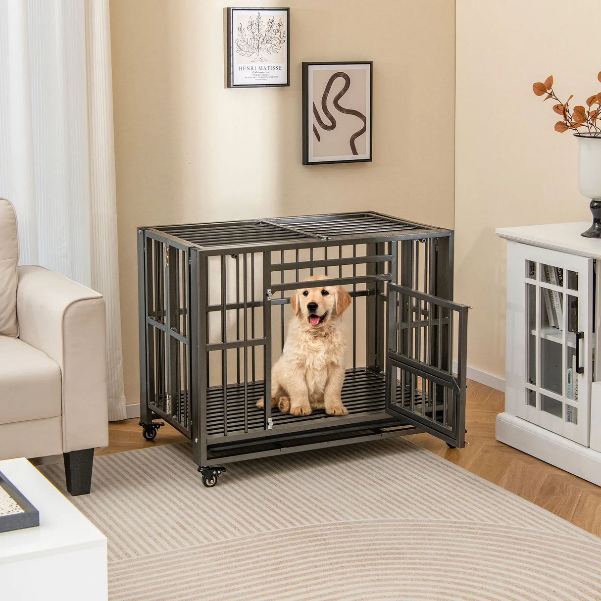 Foldable Heavy-Duty Metal Dog Cage Chew-proof Dog Crate with Lockable Universal Wheels