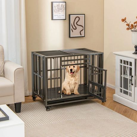 Foldable Heavy-Duty Metal Dog Cage Chew-proof Dog Crate with Lockable Universal Wheels