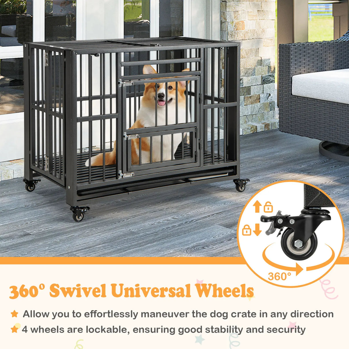 Foldable Heavy-Duty Metal Dog Cage Chew-proof Dog Crate with Lockable Universal Wheels