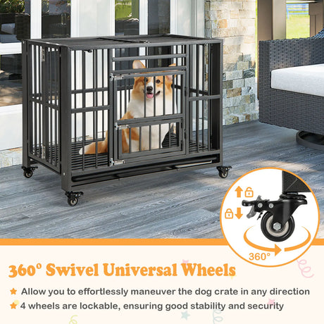 Foldable Heavy-Duty Metal Dog Cage Chew-proof Dog Crate with Lockable Universal Wheels