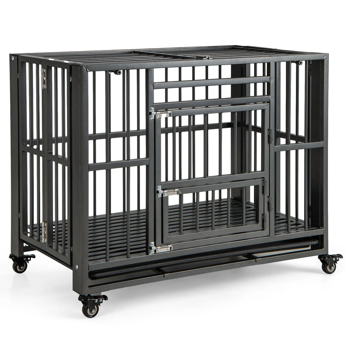 Foldable Heavy-Duty Metal Dog Cage Chew-proof Dog Crate with Lockable Universal Wheels