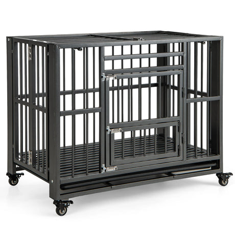 Foldable Heavy-Duty Metal Dog Cage Chew-proof Dog Crate with Lockable Universal Wheels