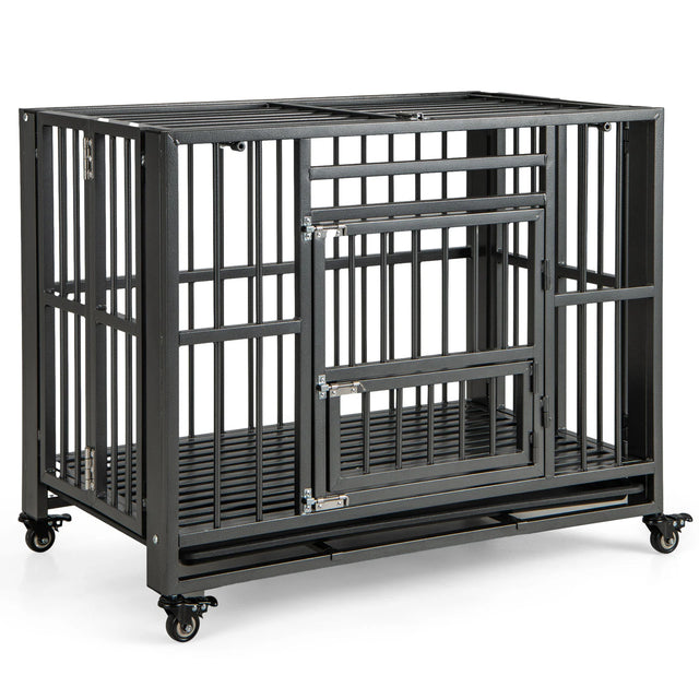 Foldable Heavy-Duty Metal Dog Cage Chew-proof Dog Crate with Lockable Universal Wheels