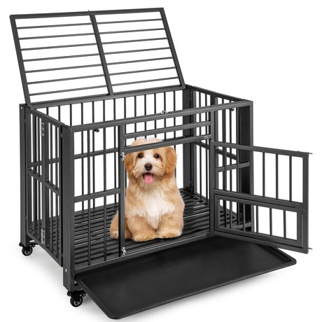 Foldable Heavy-Duty Metal Dog Cage Chew-proof Dog Crate with Lockable Universal Wheels