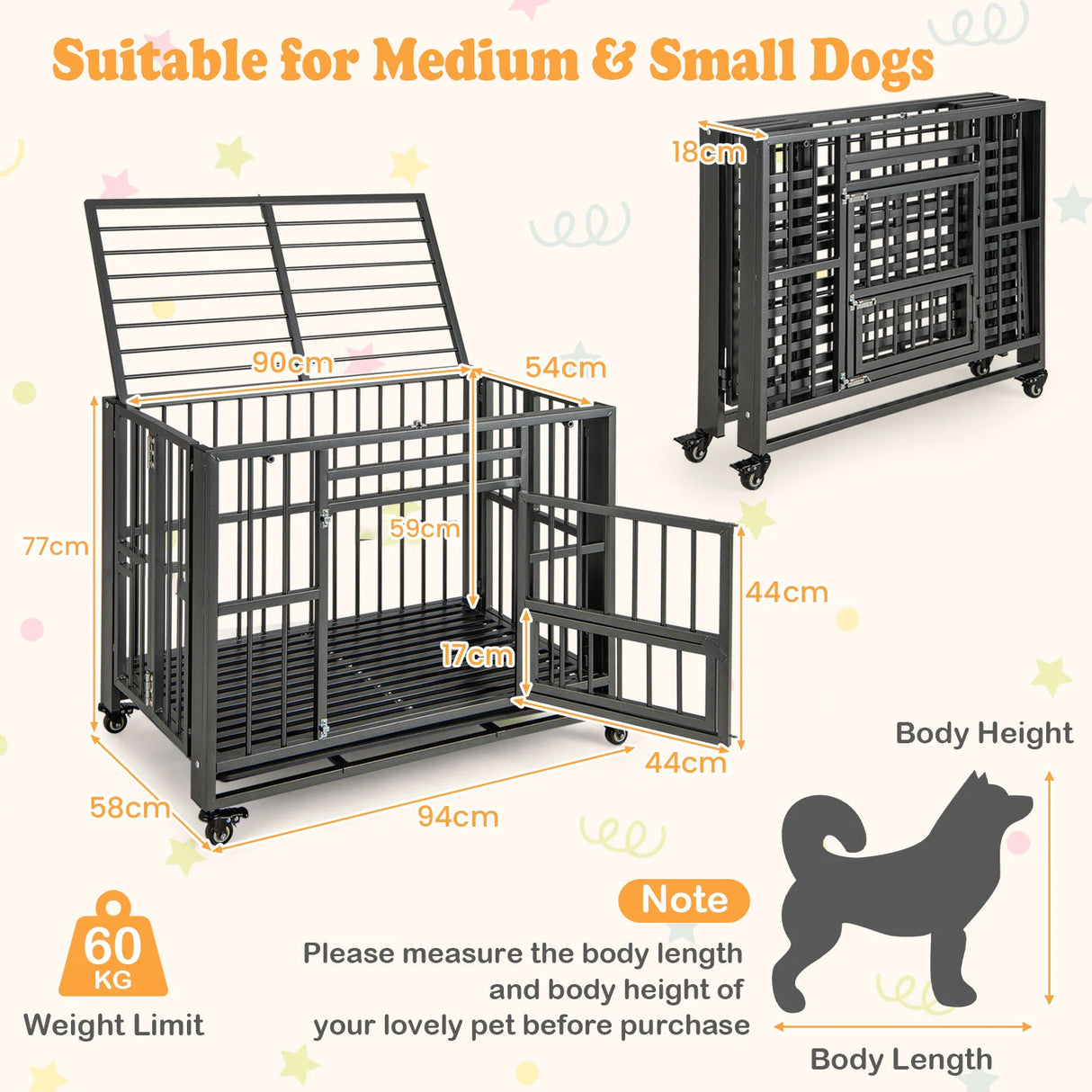 Foldable Heavy-Duty Metal Dog Cage Chew-proof Dog Crate with Lockable Universal Wheels