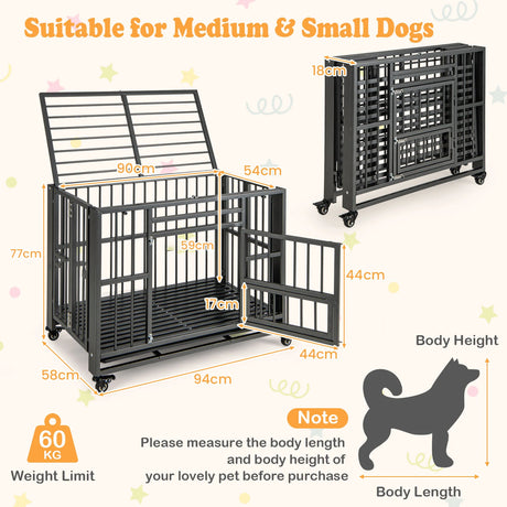 Foldable Heavy-Duty Metal Dog Cage Chew-proof Dog Crate with Lockable Universal Wheels