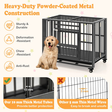 Foldable Heavy-Duty Metal Dog Cage Chew-proof Dog Crate with Lockable Universal Wheels
