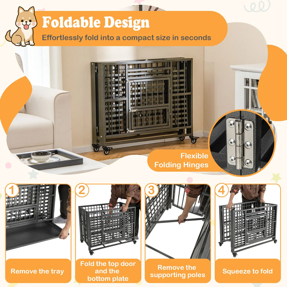 Foldable Heavy-Duty Metal Dog Cage Chew-proof Dog Crate with Lockable Universal Wheels