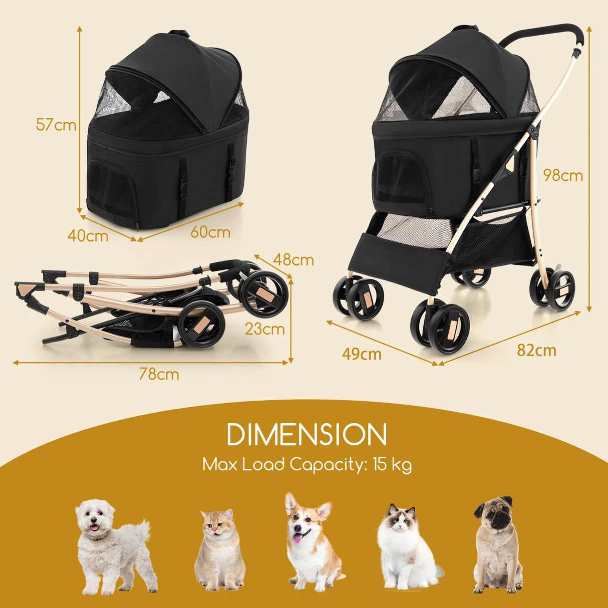 3-In-1 Pet Stroller with Removable Car Seat Carrier-Black