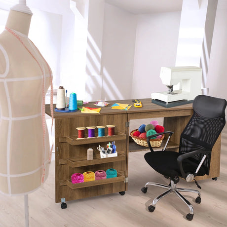 Folding sewing table versatile craft table with wide worktop 158 x 50 x 75 cm brown