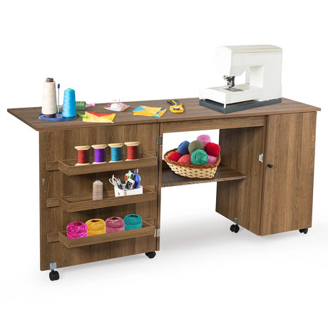 Folding sewing table versatile craft table with wide worktop 158 x 50 x 75 cm brown