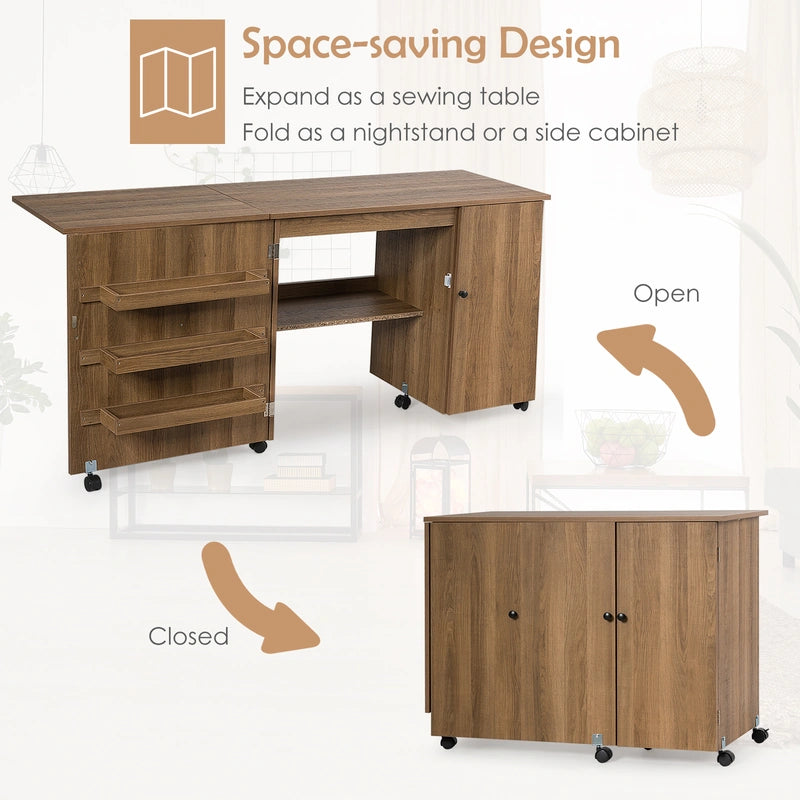 Folding sewing table versatile craft table with wide worktop 158 x 50 x 75 cm brown