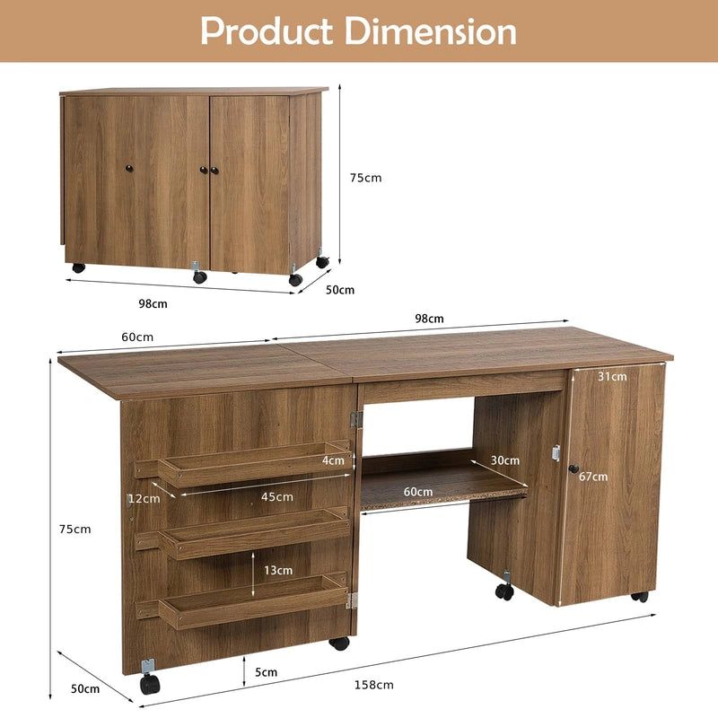 Folding sewing table versatile craft table with wide worktop 158 x 50 x 75 cm brown