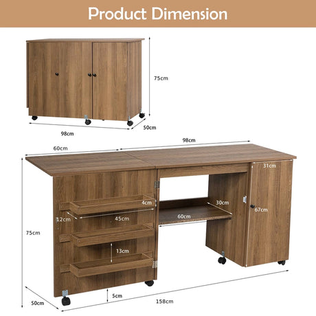 Folding sewing table versatile craft table with wide worktop 158 x 50 x 75 cm brown