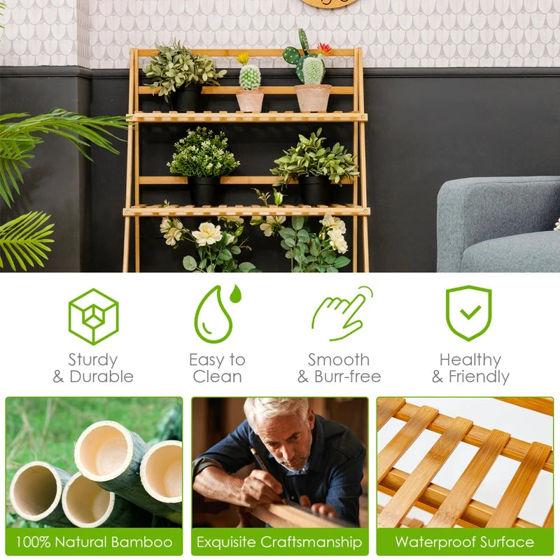 Folding Bamboo Plant Stand for Garden