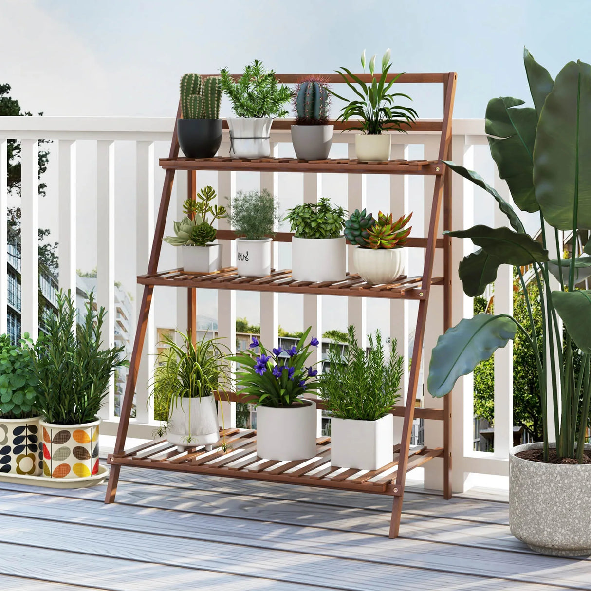 Folding Bamboo Plant Stand for Living Room Patio Garden Balcony Porch-Coffee