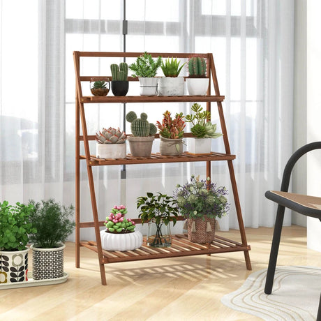 Folding Bamboo Plant Stand for Living Room Patio Garden Balcony Porch-Coffee
