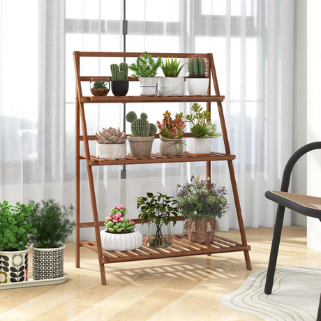 Folding Bamboo Plant Stand for Living Room Patio Garden Balcony Porch-Coffee